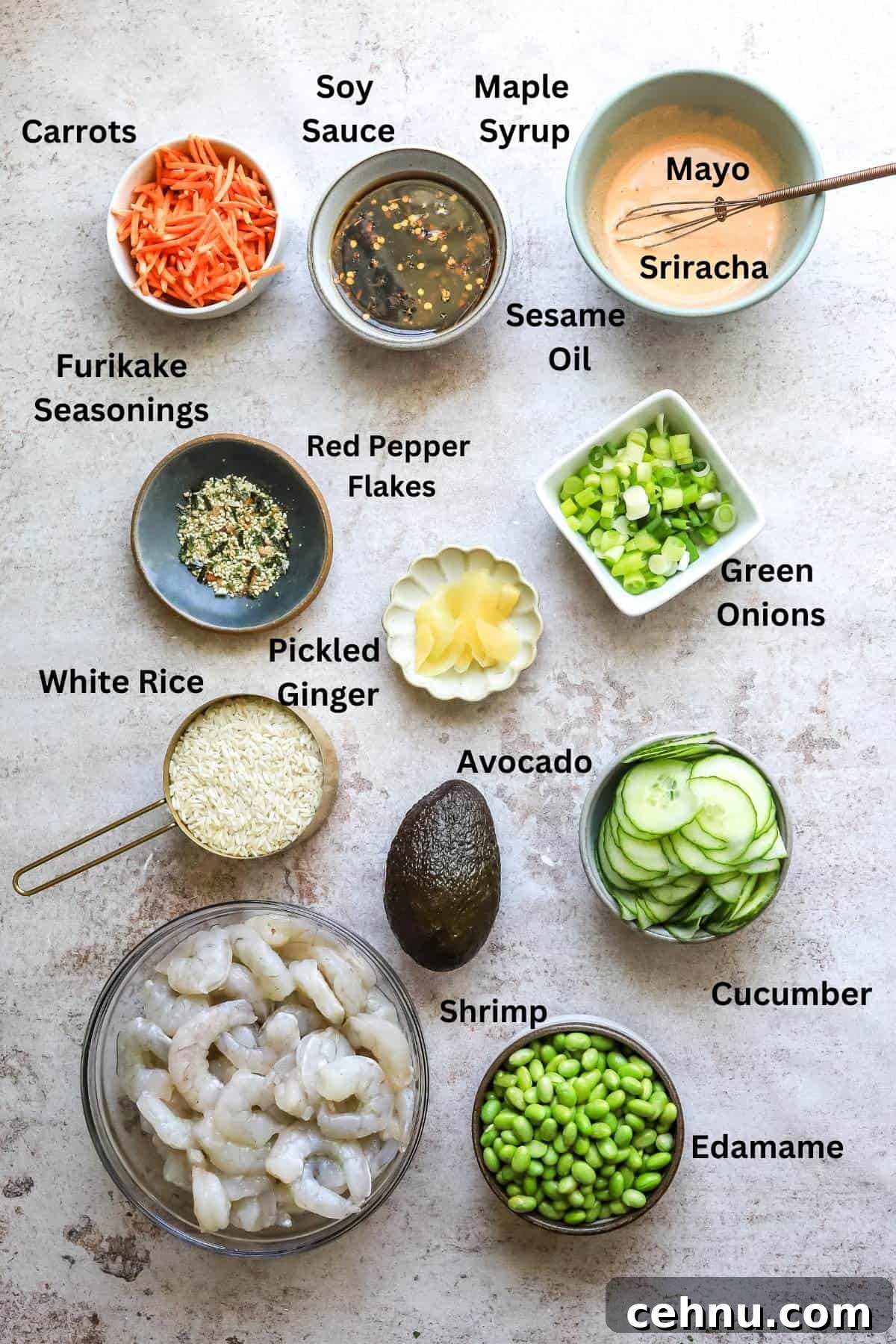Overhead photo of Ingredients in small bowls on a counter.
