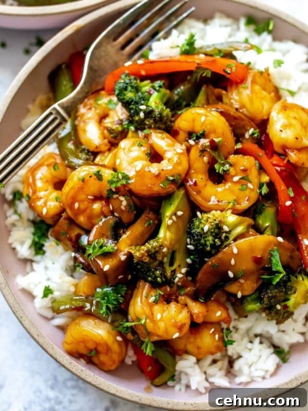 Teriyaki Shrimp and rice in a pink ceramic bowl with a fork.