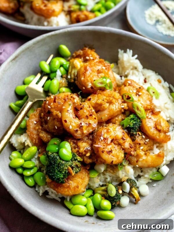 Mongolian shrimp in a grey bowl with edamame and a gold fork.
