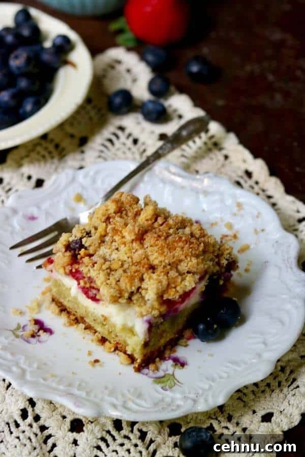 Closeup of the square of coffee cake showing the texture of the streusel.