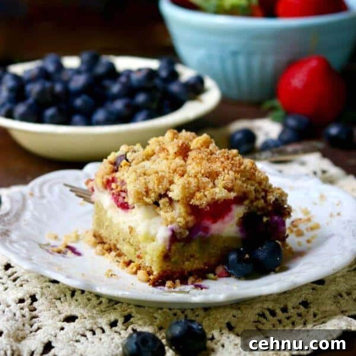 Closeup of coffee cake on a plate.
