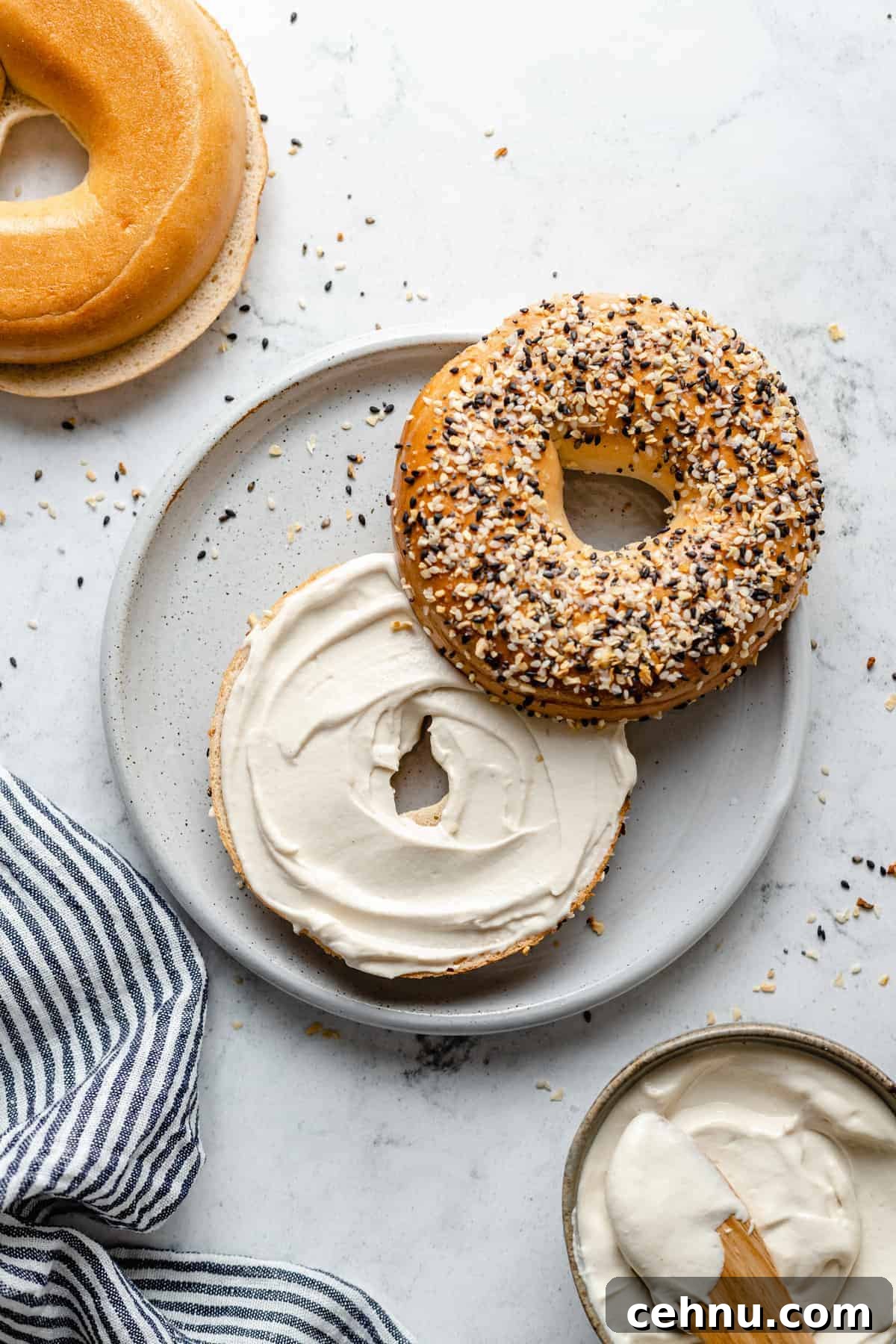 Cream cheese on an everything bagel.