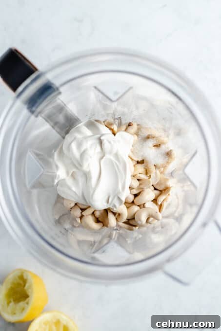 Raw cashews and yogurt in a blender.