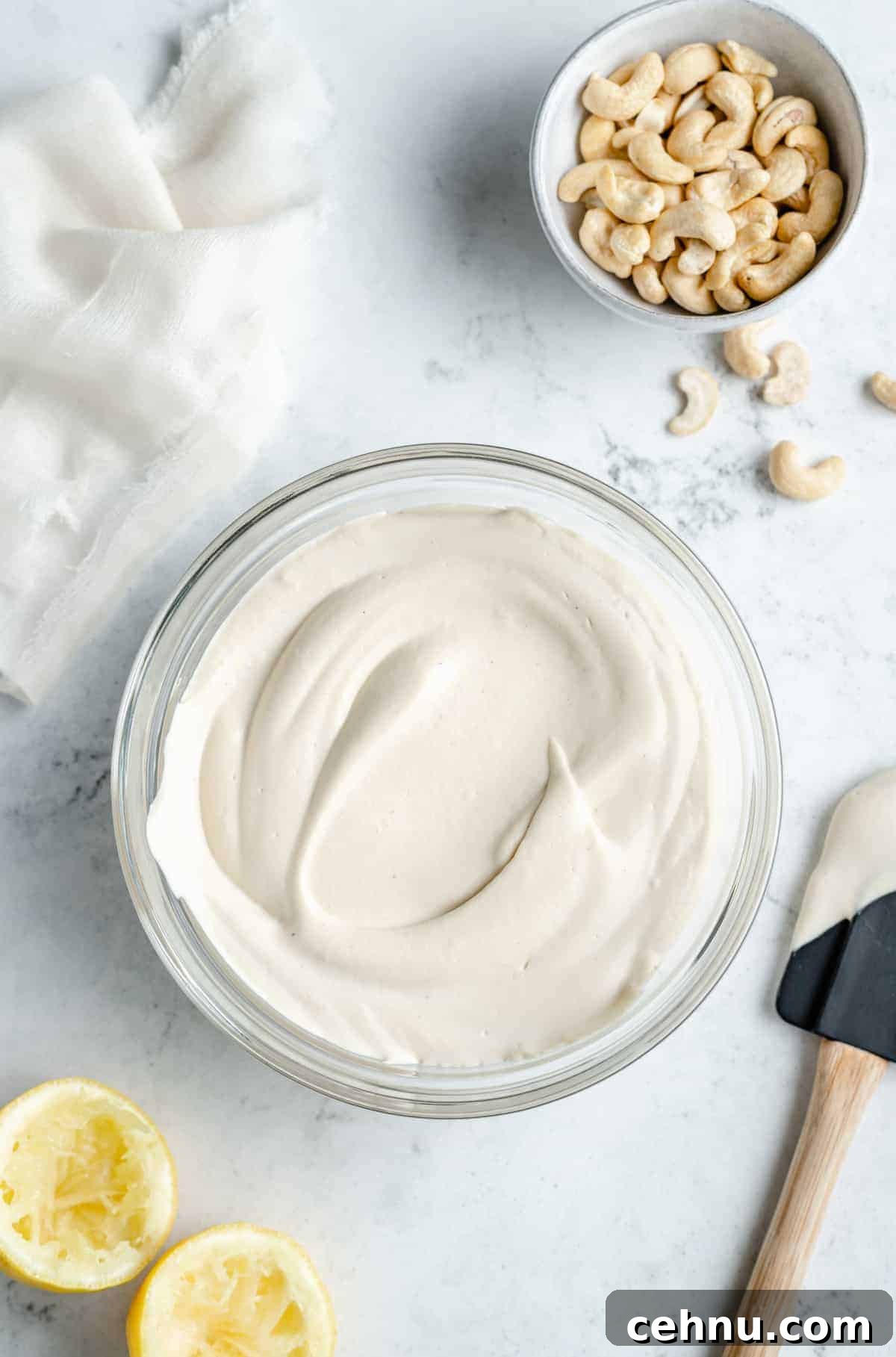 Vegan cream cheese in a glass bowl.