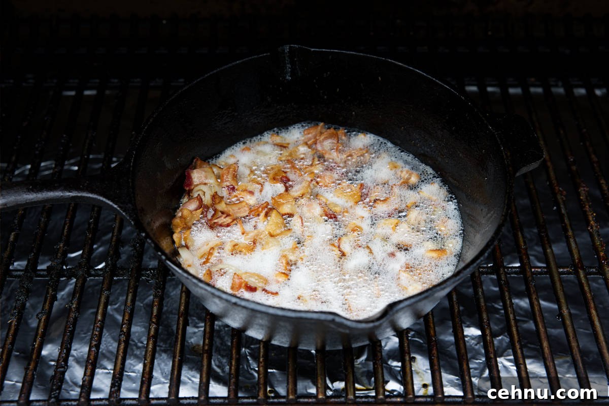 Crispy Smoked Brussels Sprouts Recipe 5 cooking bacon in skillet