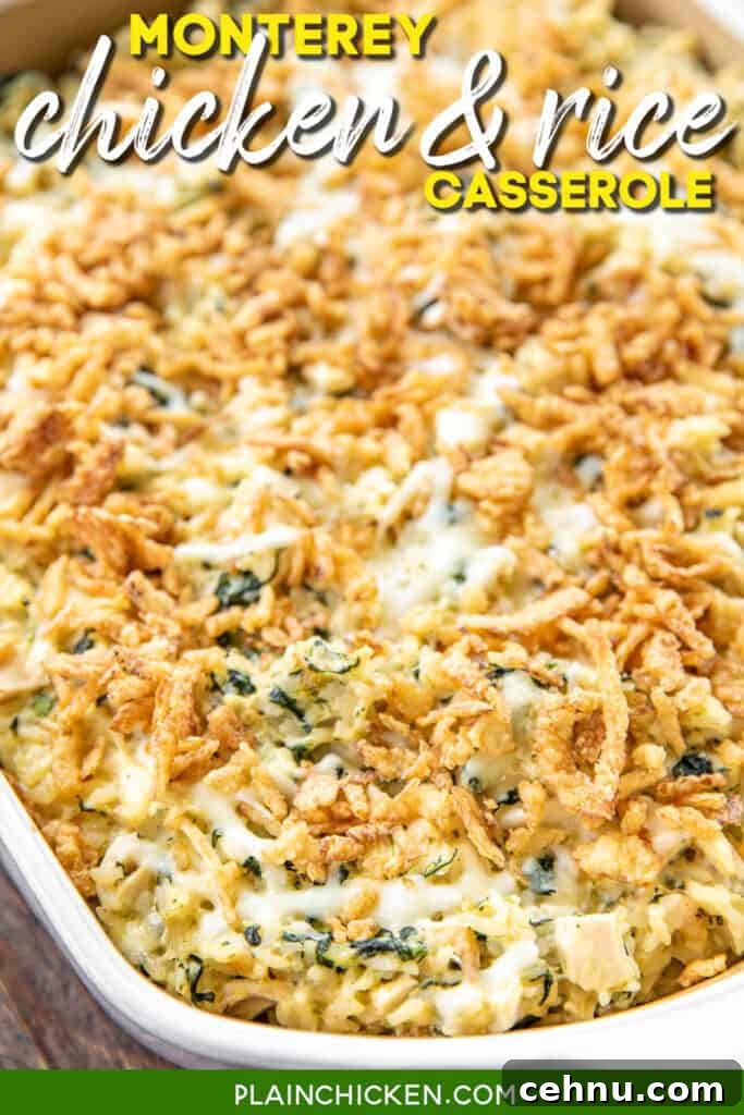 Casserole dish of chicken, spinach and rice casserole