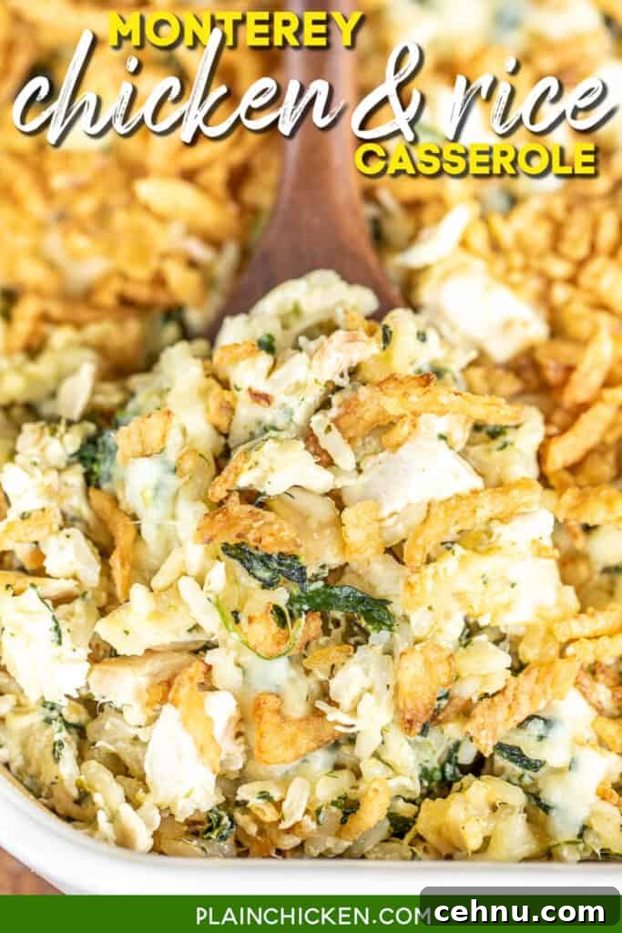 Spoon serving chicken, spinach and rice casserole from baking dish