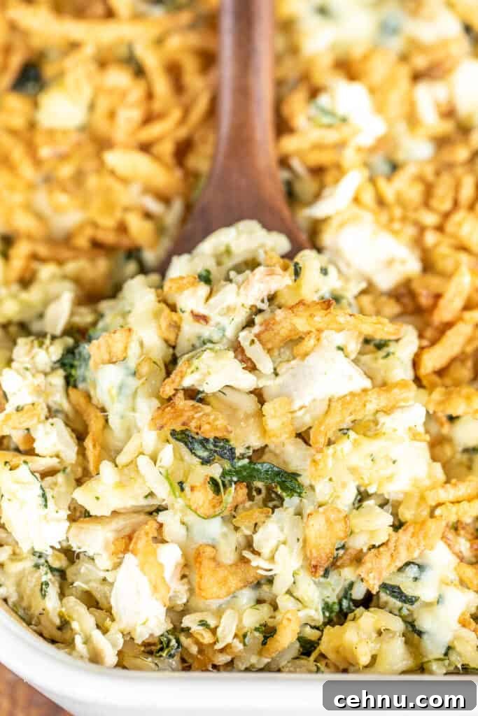 Close up of a scoop of chicken, spinach and rice casserole