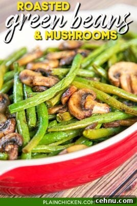 Baking dish of roasted green beans and mushrooms