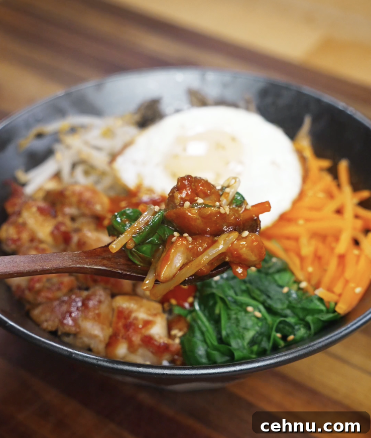 Close-up spoonful of chicken bibimbap showing marinated chicken, vegetables, gochujang sauce, and rice mixed together for a flavorful bite.