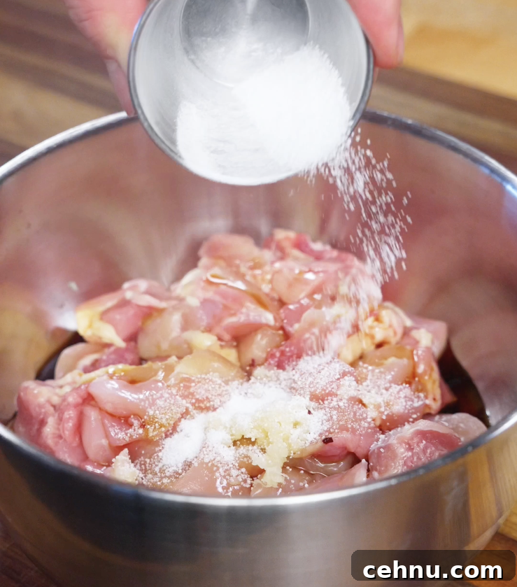 Raw cubed chicken thighs being seasoned with salt, garlic, and marinade ingredients in a stainless steel bowl as the first step of chicken bibimbap.