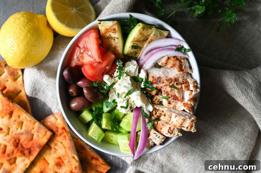 A grilled chicken bowl inspired by Greek flavours.