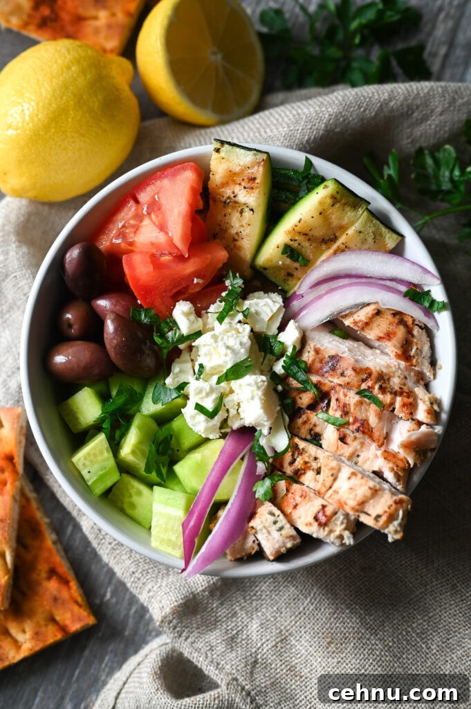 A grilled chicken bowl inspired by Greek flavours.