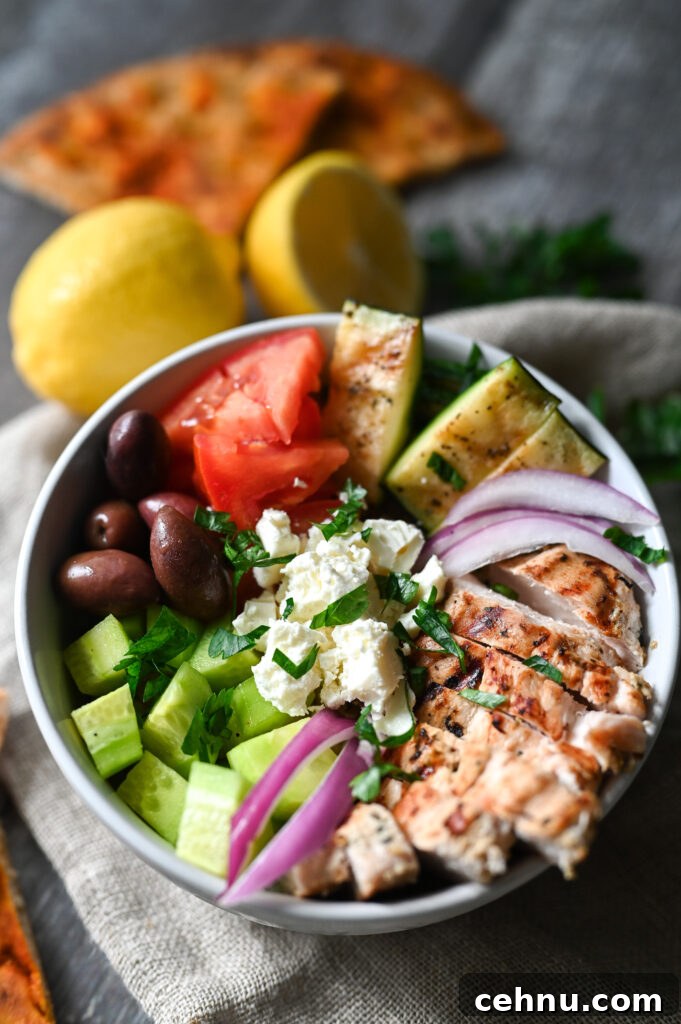 A grilled chicken bowl inspired by Greek flavours.