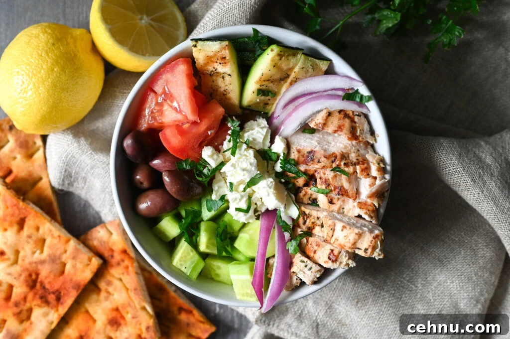 A grilled chicken bowl inspired by Greek flavours.