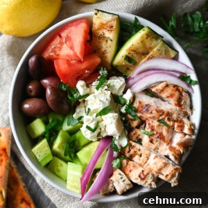 A grilled chicken bowl inspired by Greek flavours.