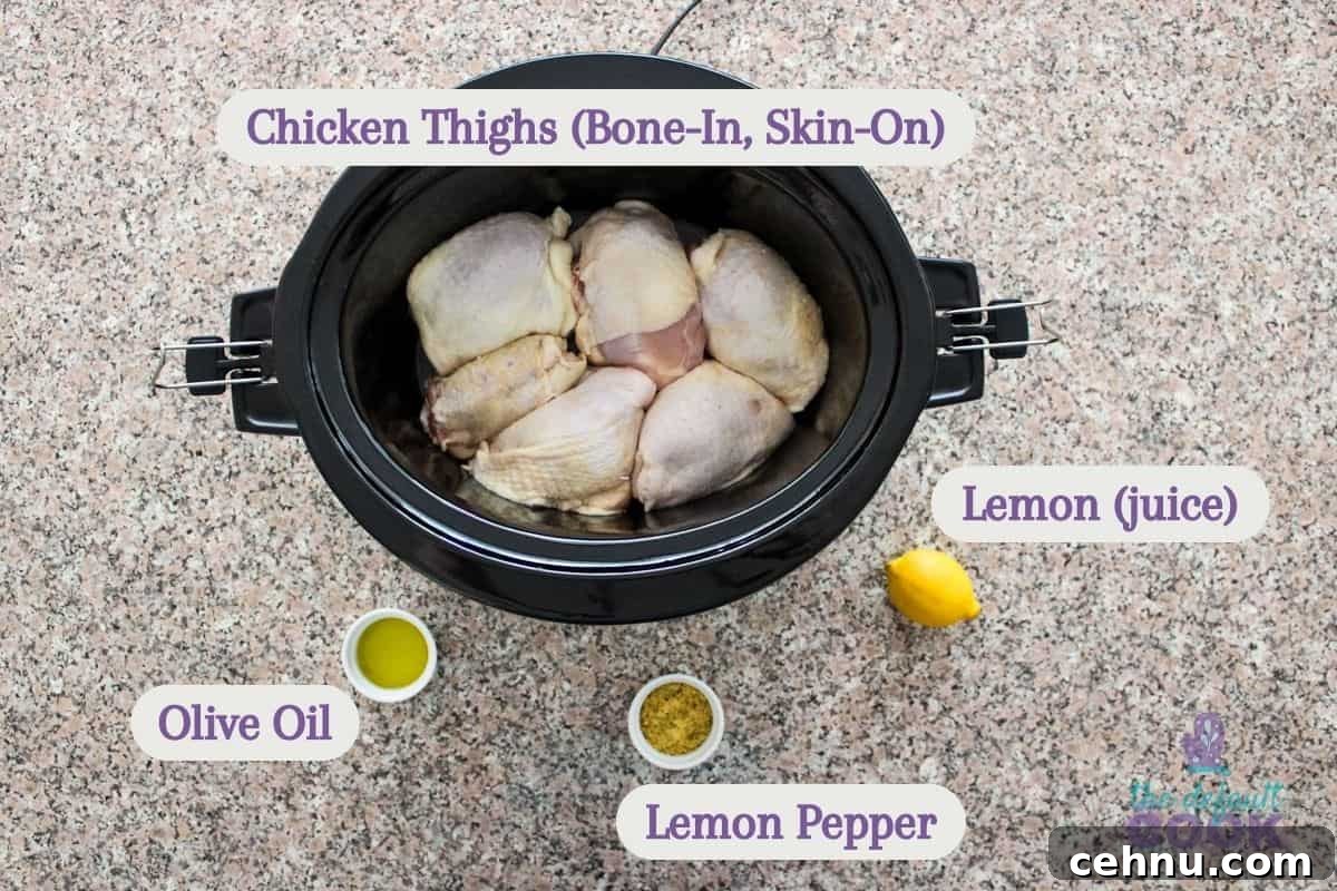 Labeled ingredients on a kitchen counter: bone-in skin-on chicken thighs, olive oil, lemon pepper seasoning, and a lemon for juice.