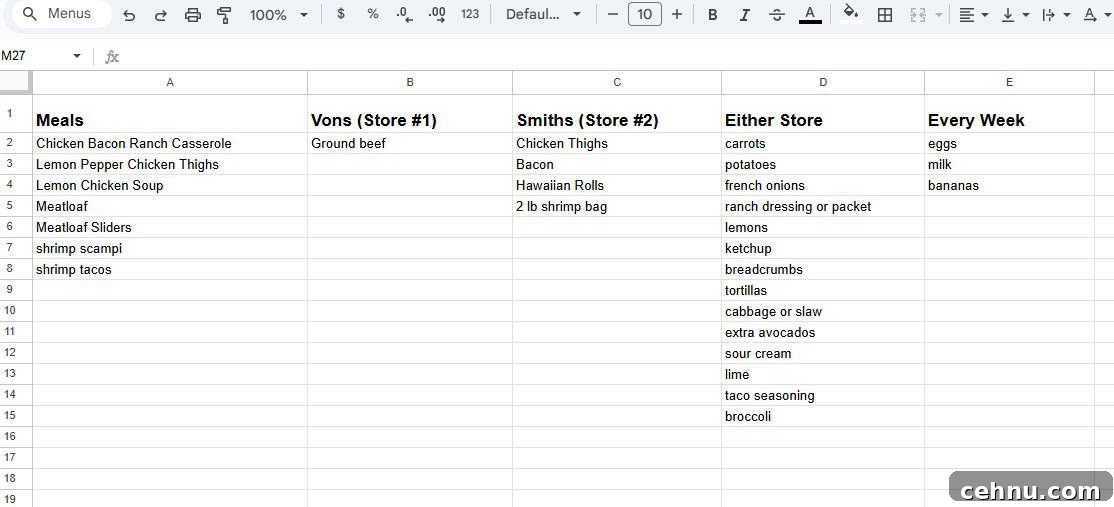 A spreadsheet for weekly meal planning featuring meal ideas, grocery stores, separate shopping lists for each, an Either Store list, and a weekly staples list with eggs, milk, and peppers.