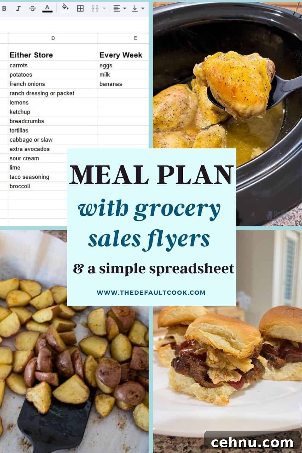 A collage shows a grocery spreadsheet, chicken cooking in a slow cooker, roasted potatoes in a pan, and sliders with meat and onions. Text overlays read: MEAL PLAN with grocery sales flyers & weekly meal planning made easy using a simple spreadsheet.