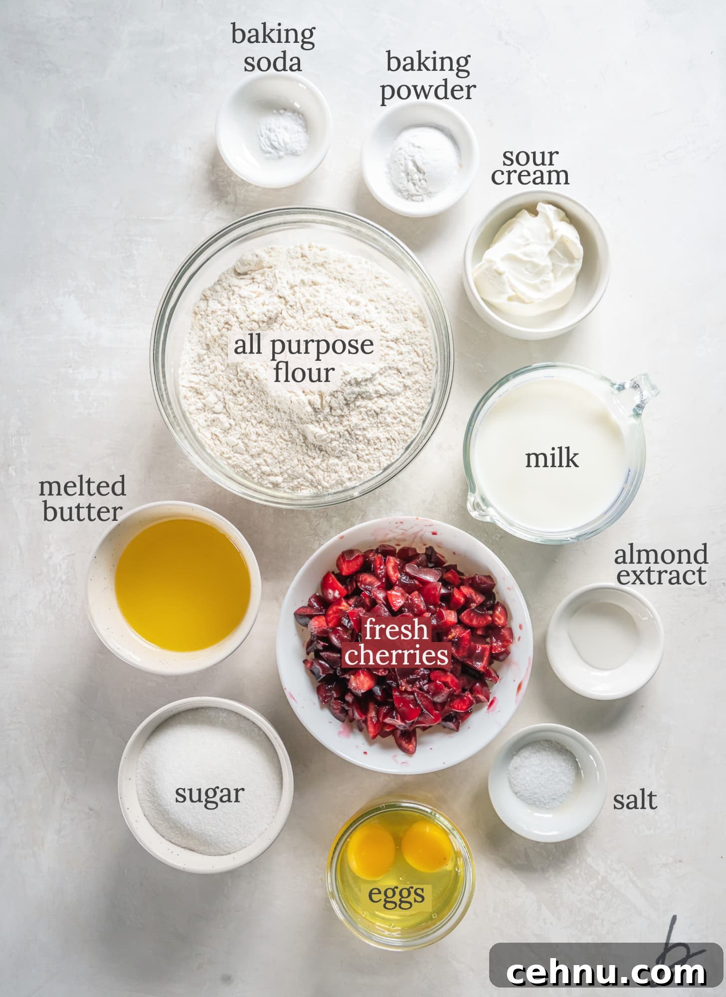 Cherry Almond Muffins with Almond Extract 3 cherry muffin ingredients in bowls labeled with text