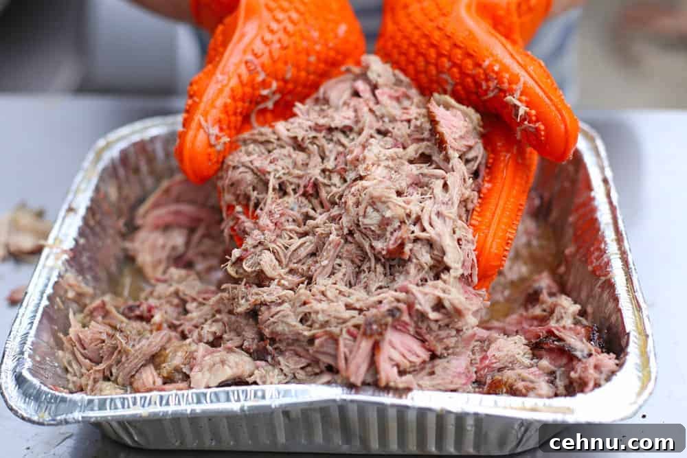 Smoked Pork Butt Recipe for Tender, Juicy Pulled Pork 11 Shredding pork shoulder with heat resistant gloves
