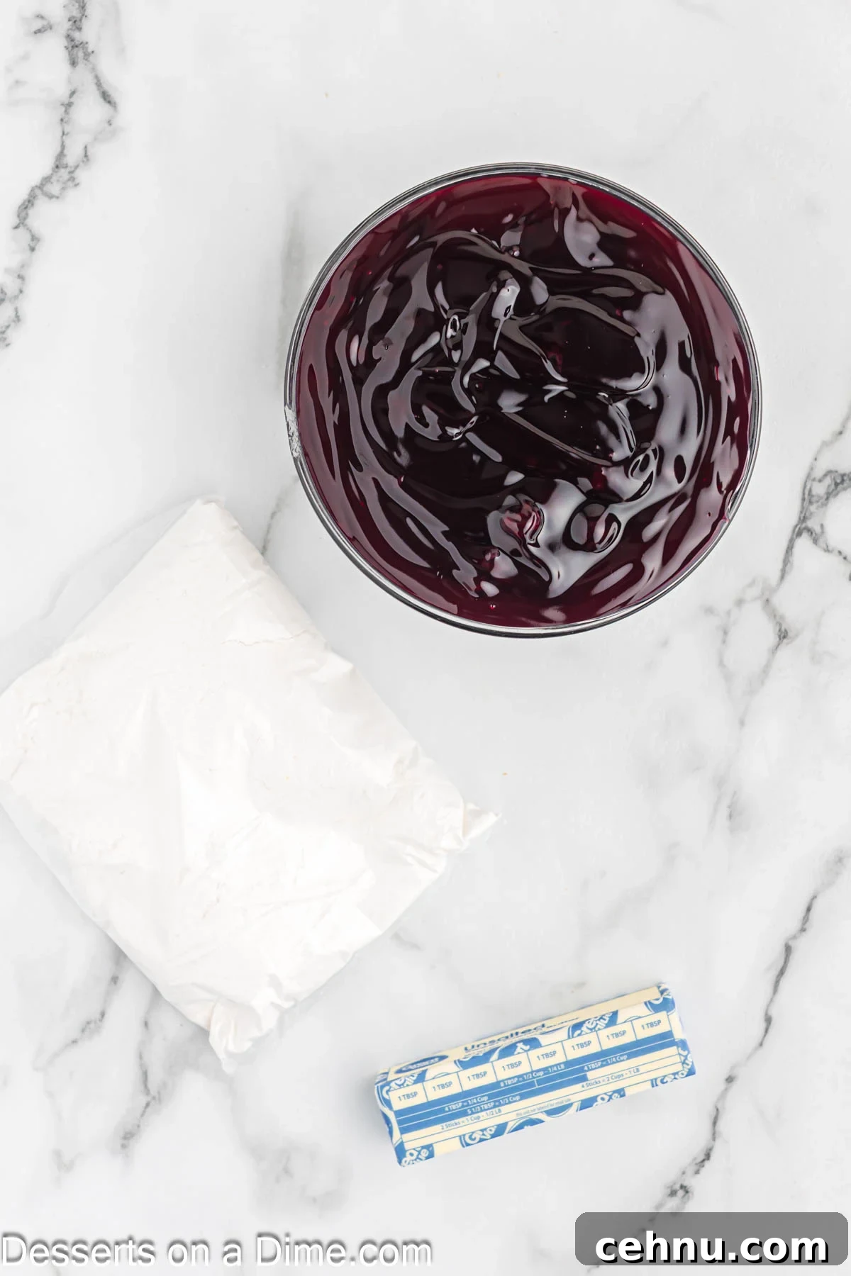 Blueberry Dump Cake Ingredients - white cake mix, blueberry pie filling, butter