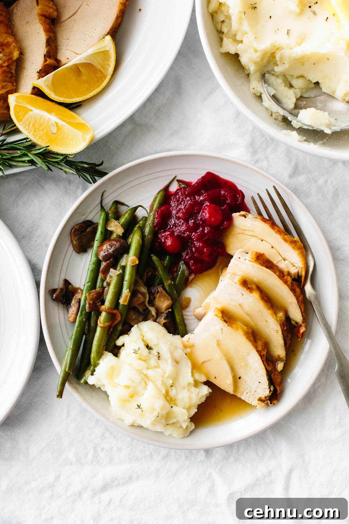 Thanksgiving Menu Ideas and Classic Holiday Recipes 2 A plate of Thanksgiving side dishes and roasted turkey.