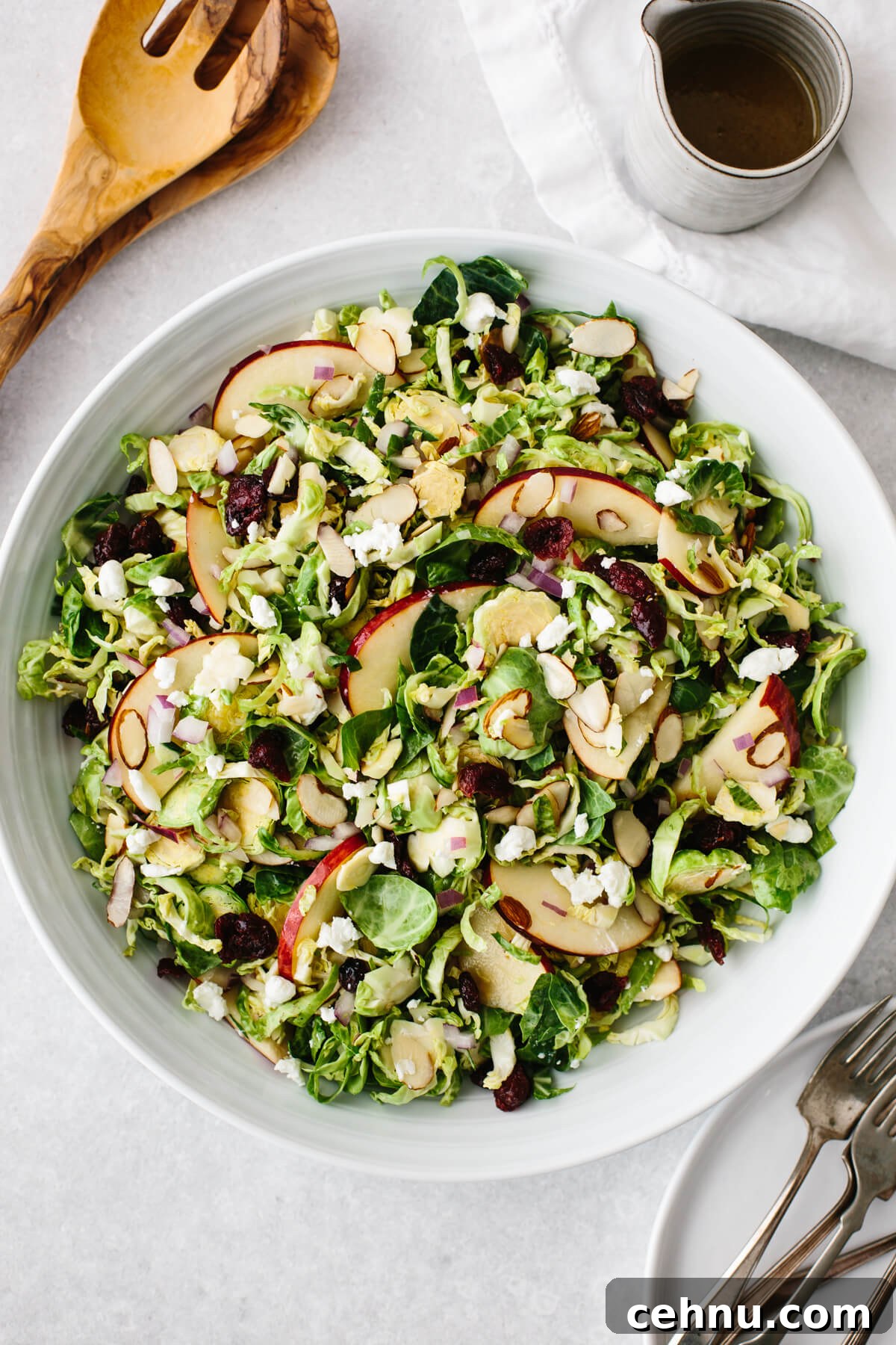 Thanksgiving Menu Ideas and Classic Holiday Recipes 6 Shaved Brussels sprouts salad in a white bowl.