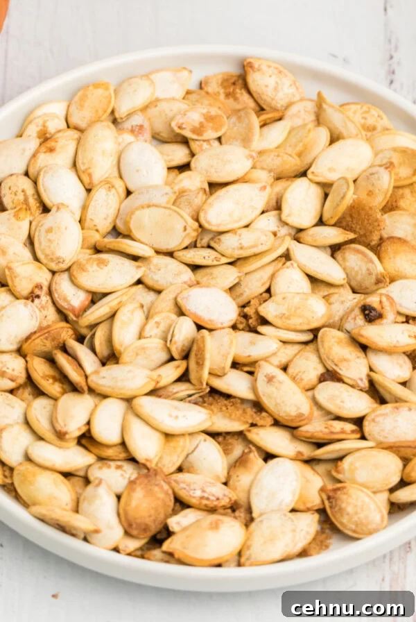 Air Fryer Mummy Hot Dogs: Halloween Appetizer Recipe 12 Roasted air fryer pumpkin seeds on a white plate sprinkled with cinnamon, salt, and brown sugar.