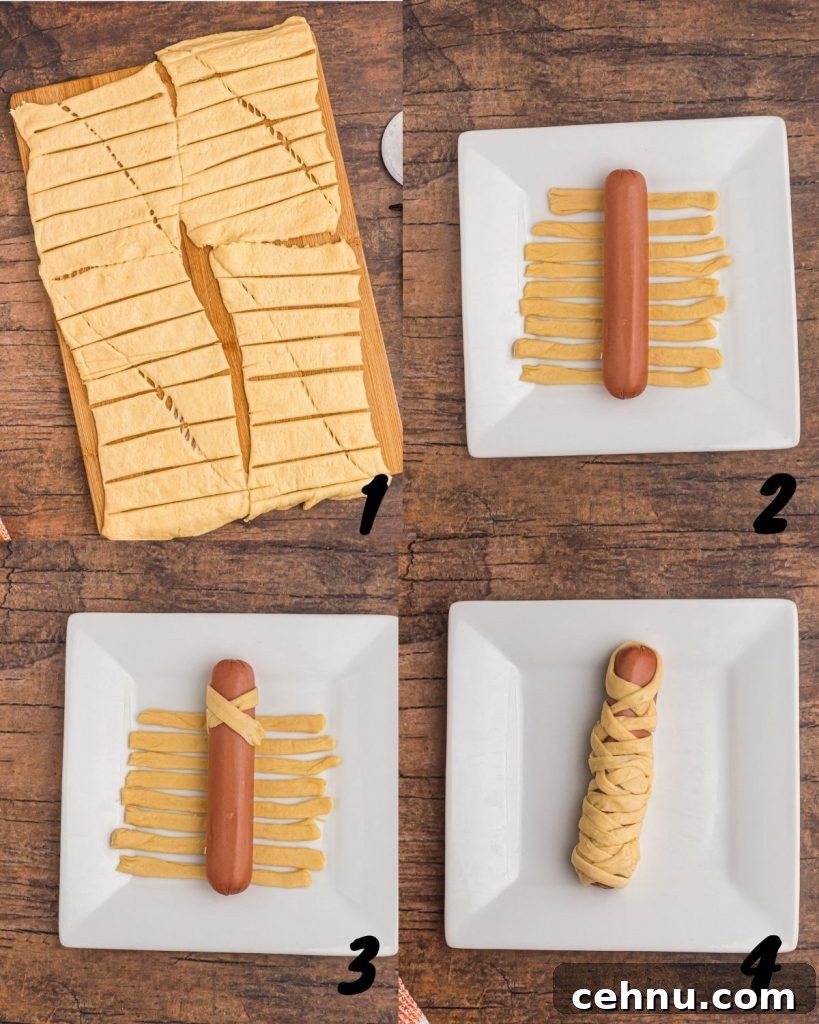 Air Fryer Mummy Hot Dogs: Halloween Appetizer Recipe 5 Step by step photos showing how to cut crescent rolls into strips and then wrapping the dog to look like mummies.