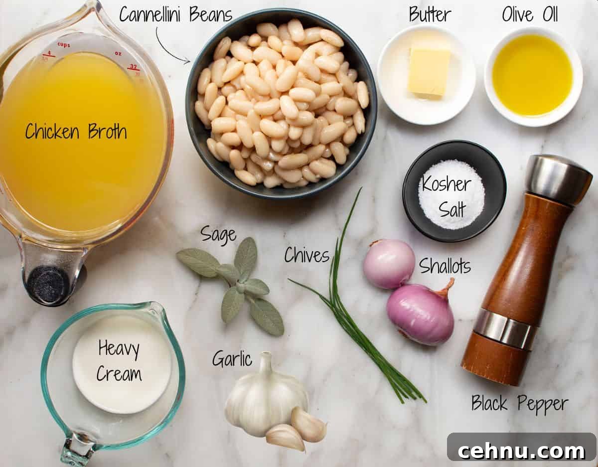 Creamy White Bean Soup with Garlic and Herbs 3 A white marble surface displays a bowl of cannellini beans, a jug of chicken broth, butter, olive oil, heavy cream, sage, chives, garlic, shallots, kosher salt, and black pepper. Each item is labeled in handwritten text.