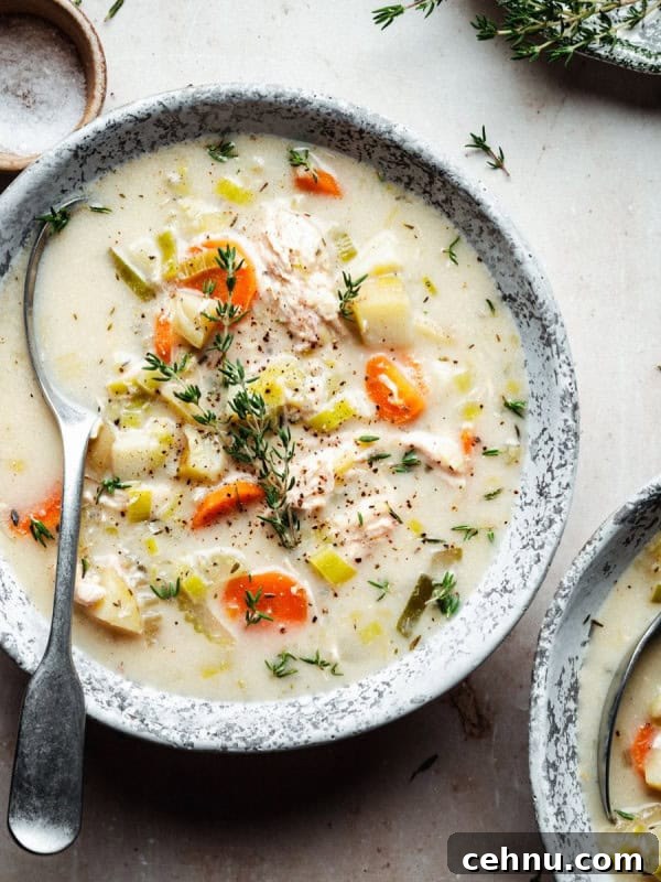 Creamy White Bean Soup with Garlic and Herbs 7 A bowl of creamy chicken soup with vegetables such as carrots and potatoes, garnished with fresh thyme. A spoon rests in the bowl. Another partial bowl, herbs, and a small dish of salt are visible on a light textured surface.