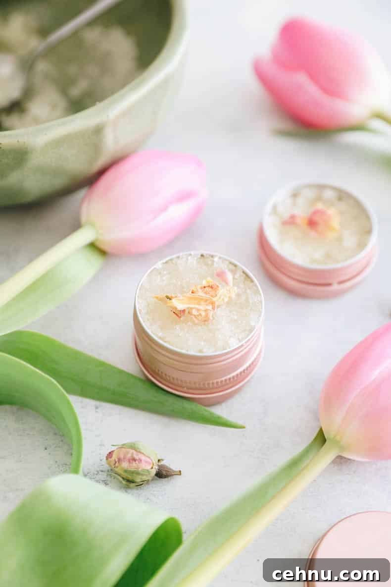 DIY Sugar Lip Scrub Recipe for Soft, Smooth Lips 2 DIY Lip Scrub in a pink metal tin with dried rose petals on top.