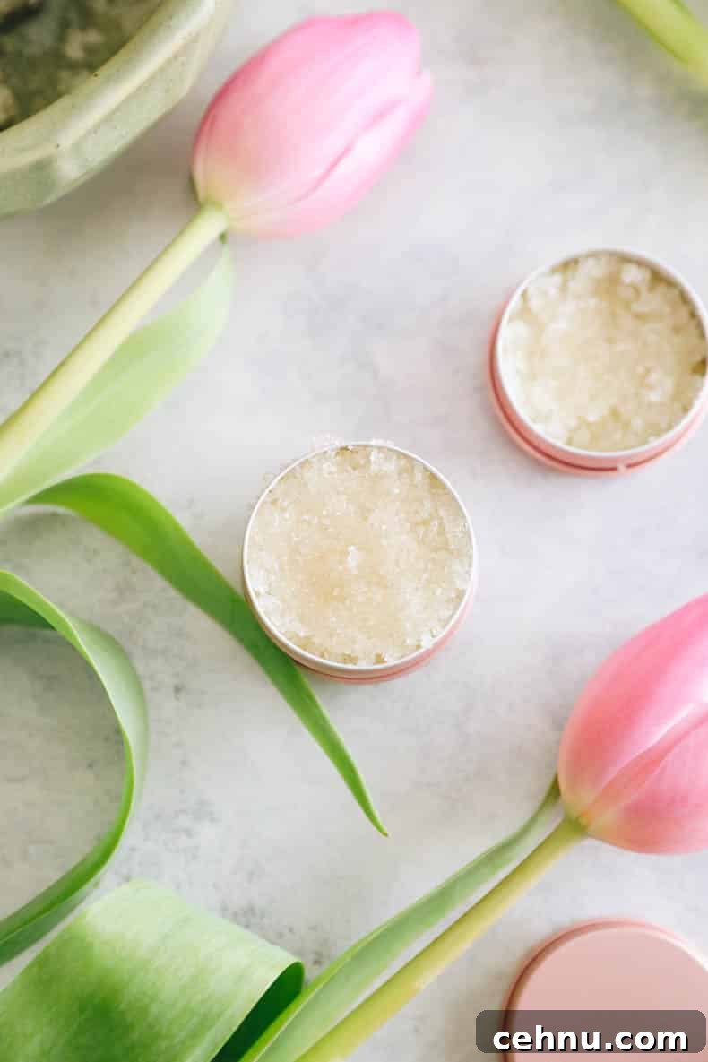 DIY Sugar Lip Scrub Recipe for Soft, Smooth Lips 5 homemade lip scrub in small pink metal tins.