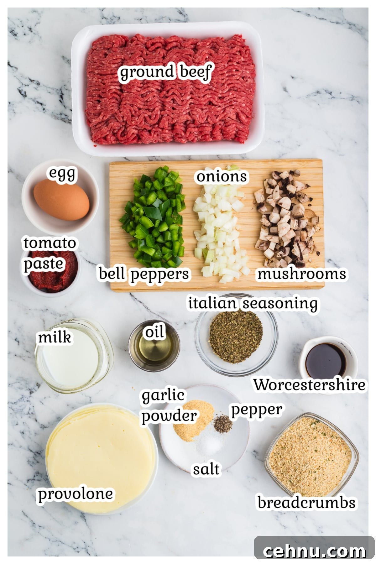 Ingredients for the meatloaf on countertop.