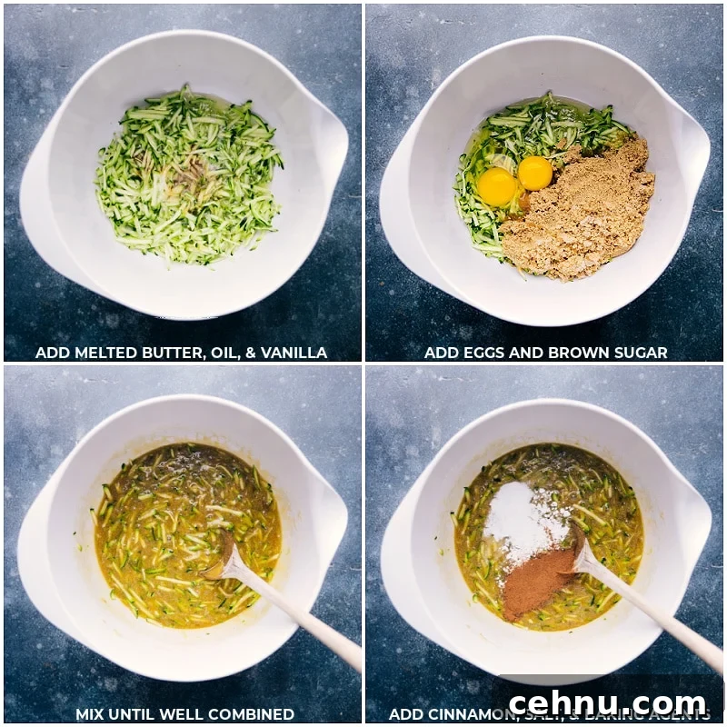 How To Make Zucchini Bread Recipe Add melted butter, oil, vanilla, eggs and brown sugar to the bowl; mix well; add cinnamon, salt and baking agents for this Zucchini Bread Recipe.