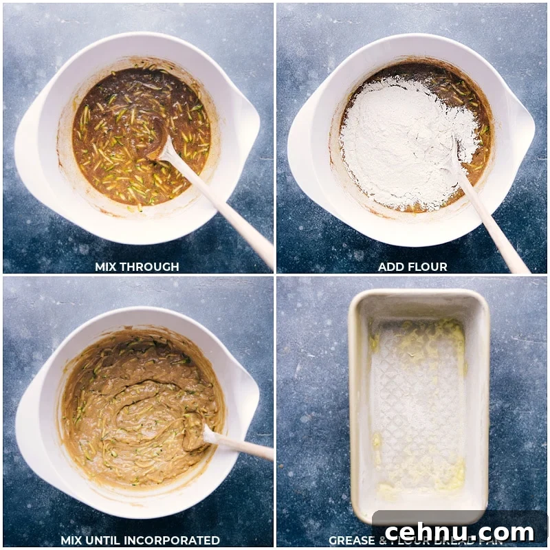 Mix Wet And Dry Ingredients And Bake Mix the batter well; add flour and mix briefly; grease and flour a loaf pan.