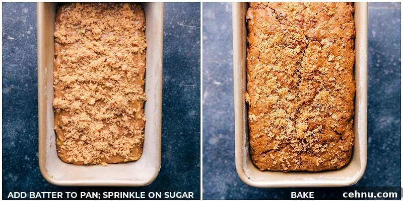 Baking Zucchini Bread The Zucchini Bread Recipe batter placed in a bread pan with a sprinkle of sugar and the finished bread after baking