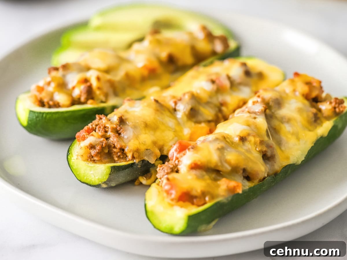 10 Ground Beef Recipes for Quick Weeknight Dinners 8 Taco Zucchini Boats low carb on a plate