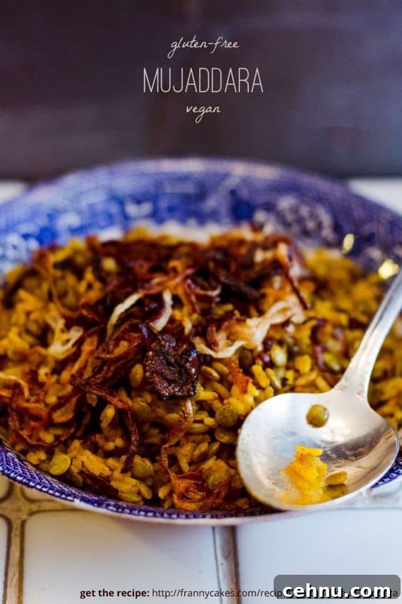 Gluten-Free-Mujaddara in a bowl with a spoon
