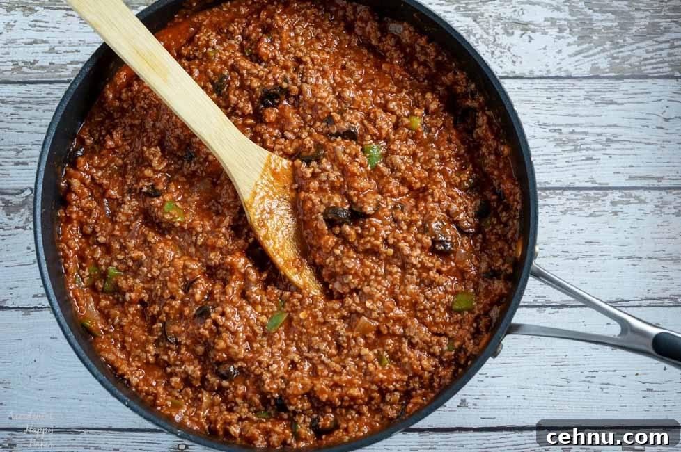 A pan of Italian Sloppy Joe filling ready to be spooned onto the buns.