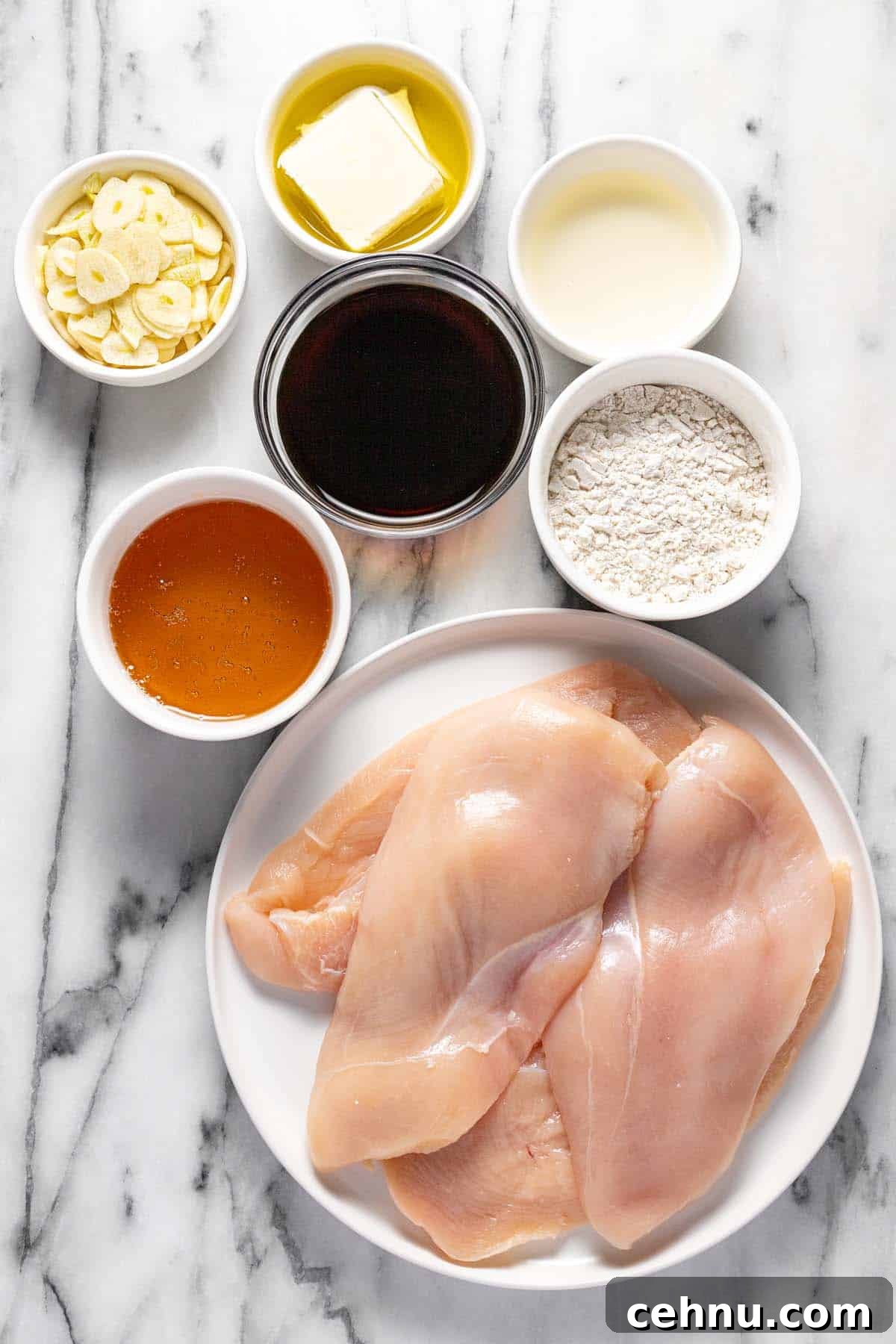 20-Minute Honey Garlic Chicken 3 Bowls of ingredients to make garlic chicken with honey.