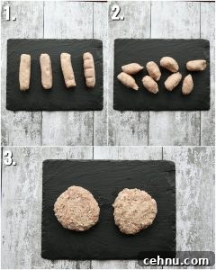 3 step by step photos of how to make a sausage patty