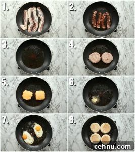 8 step by step photos showing how to make Breakfast sandwich fillings