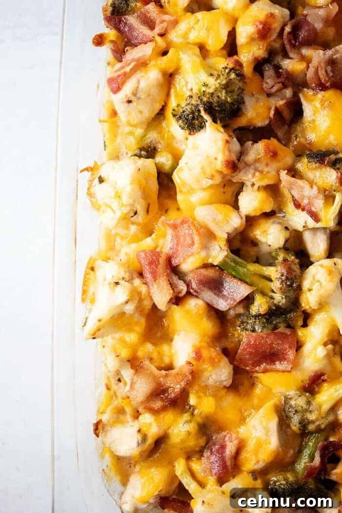overhead view of casserole dish with keto chicken bacon ranch casserole in it