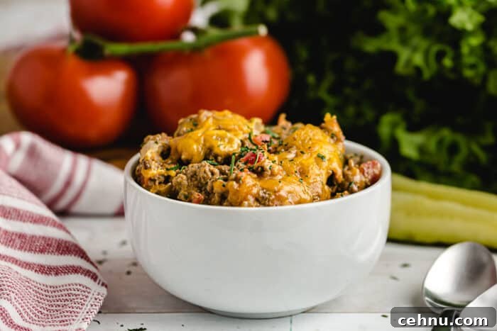 keto ground beef cheeseburger casserole in serving dish
