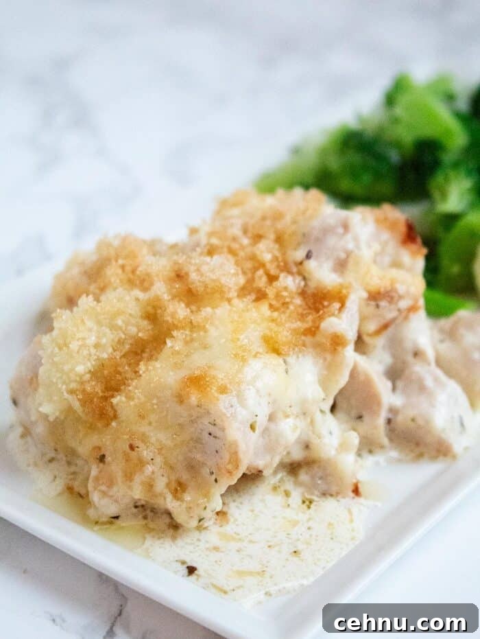 keto alfredo casserole served next to a large pile of bright green broccoli