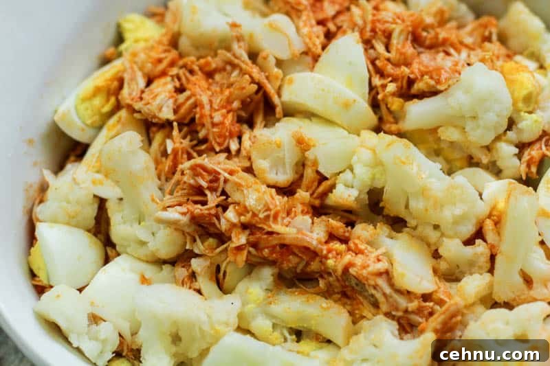 shredded chicken with cauliflower mixture