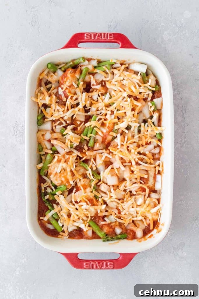 sauce, onions, asparagus, mixed into the baking dish with cheese sprinkled on top