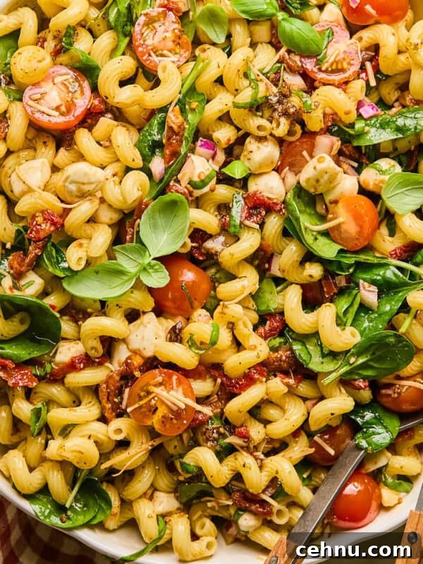 Sun dried tomato pasta salad with basil, spinach, parmesan and other ingredients in salad bowl.